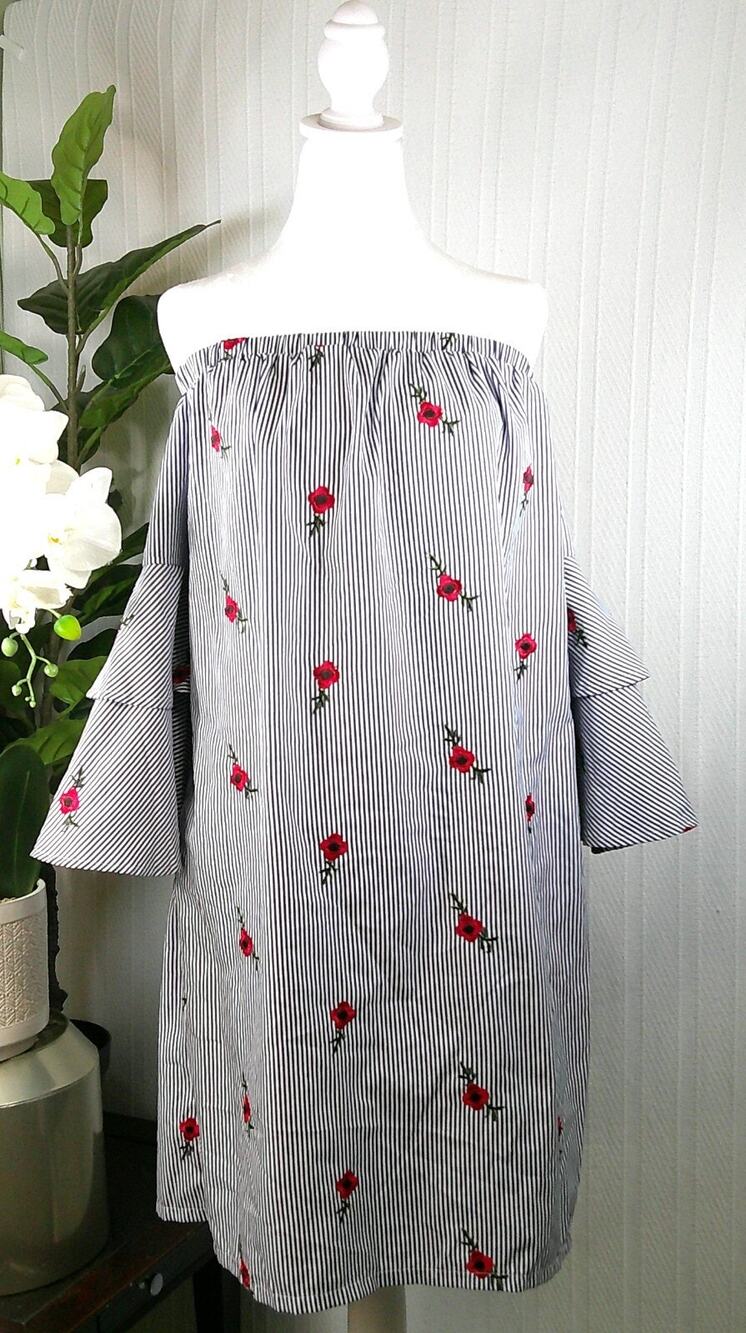 Betsy Johnson Women's Size 16 Off the Shoulder Blue Stripe Ruffle Dress Flowers